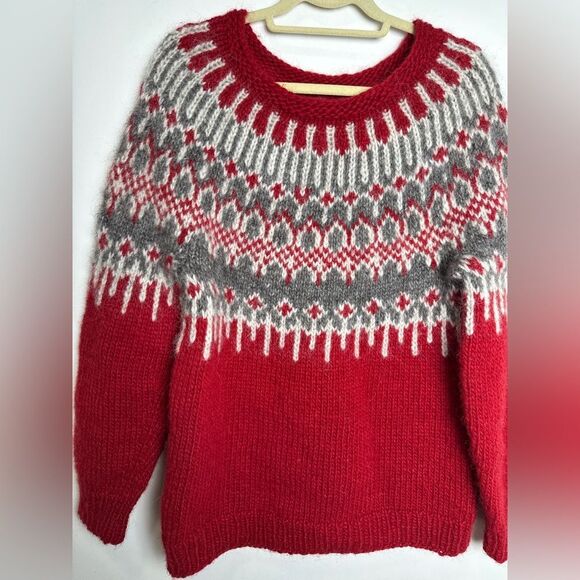 NEW ICELANDIC 100% WOOL BIG SWEATER HAND MADE size M fisherman red white unisex - Picture 15 of 17